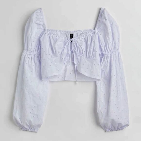 H&M Divided White Eyelet Tie Front Long Sleeve Balloon Top Size XL Blouse‎ - Picture 5 of 10